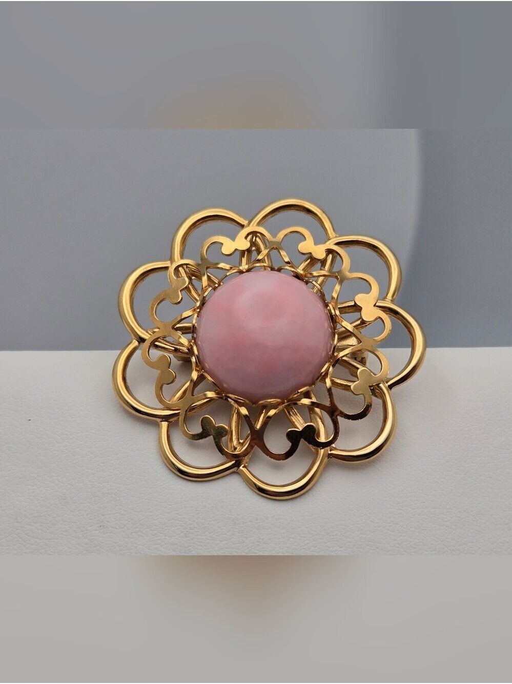 Vintage Style Pink Cabochon Floral Brooch Gold Tone Filigree Pin